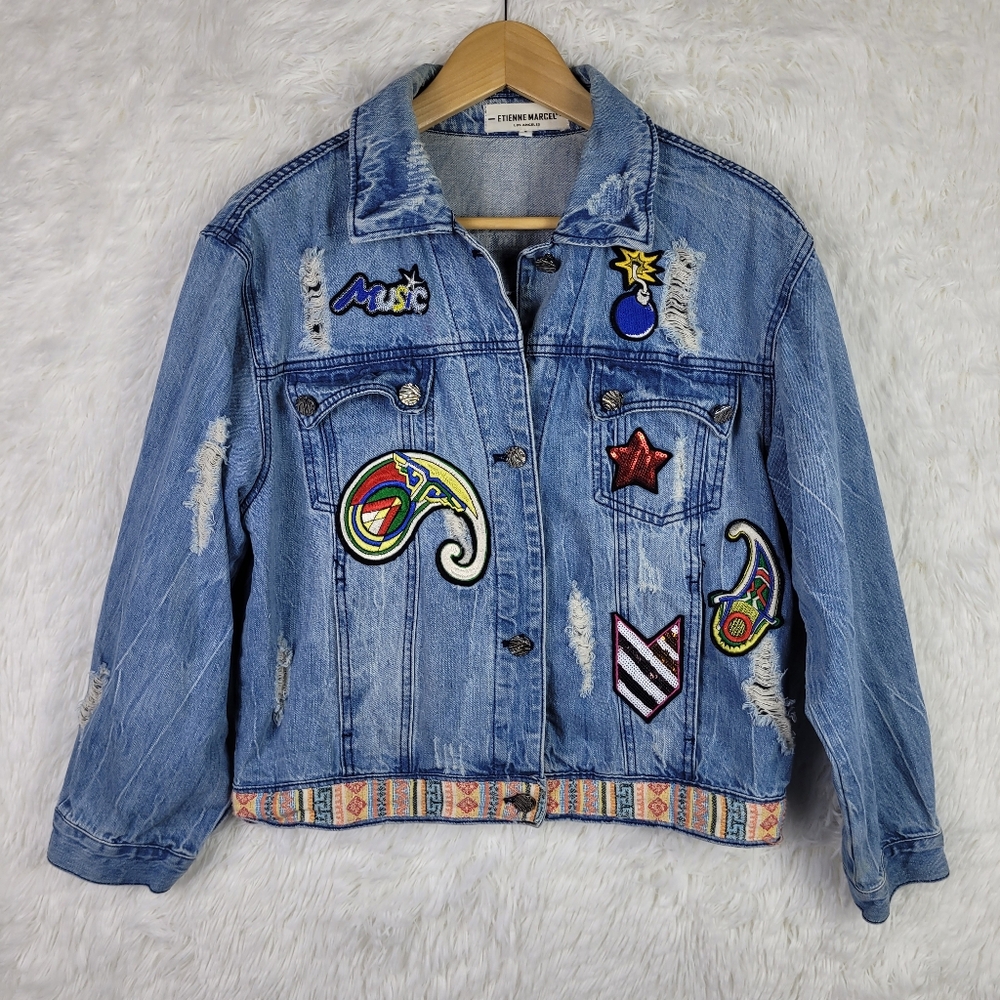 Etienne Marcel Embroidered Distressed Denim Jacket Sz S Festival Party Patchwork